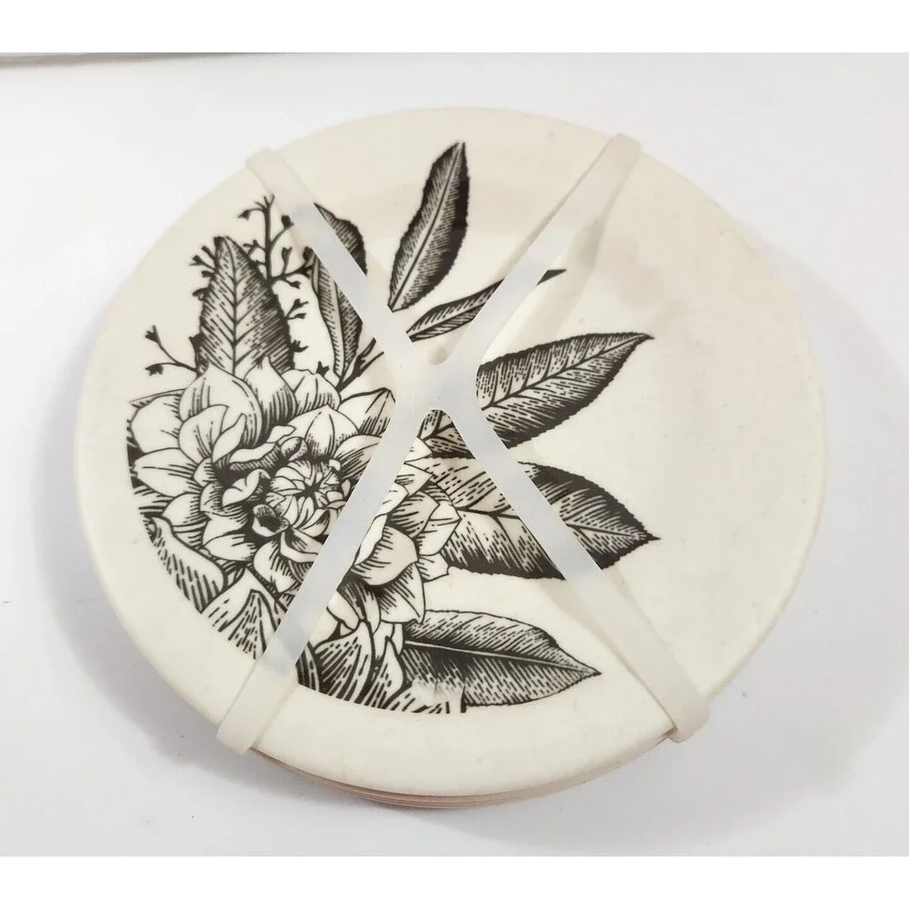 Demdaco Dessert Plates Set of 4- Black & White Floral Brand 6.24'
